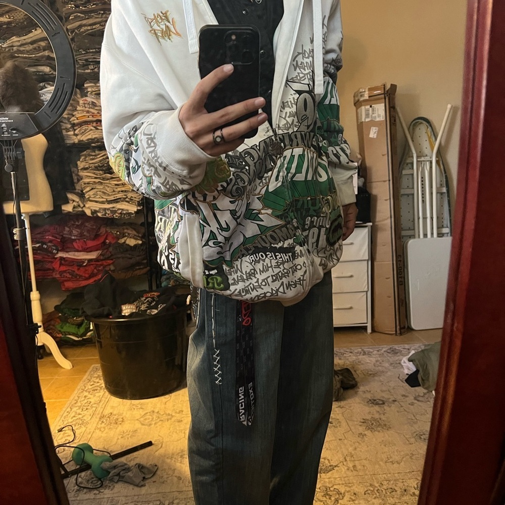 White and Green Graphic Men's Bag